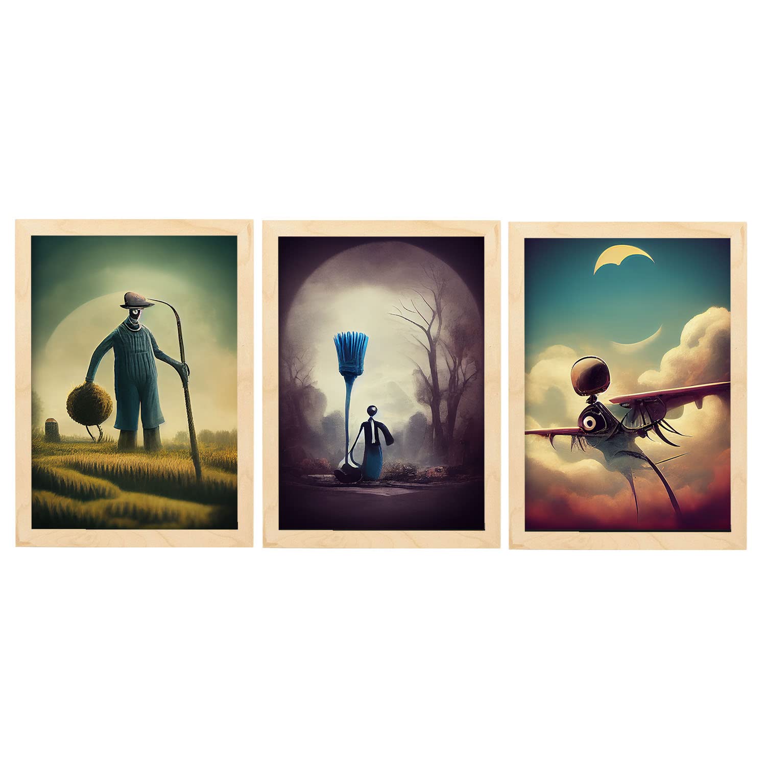 Nacnic set de 3 posters base al estilo de t burton ilustraciones de profesiones y oficios inspiradas en arte gótico diseño y a3 marcos madera clara