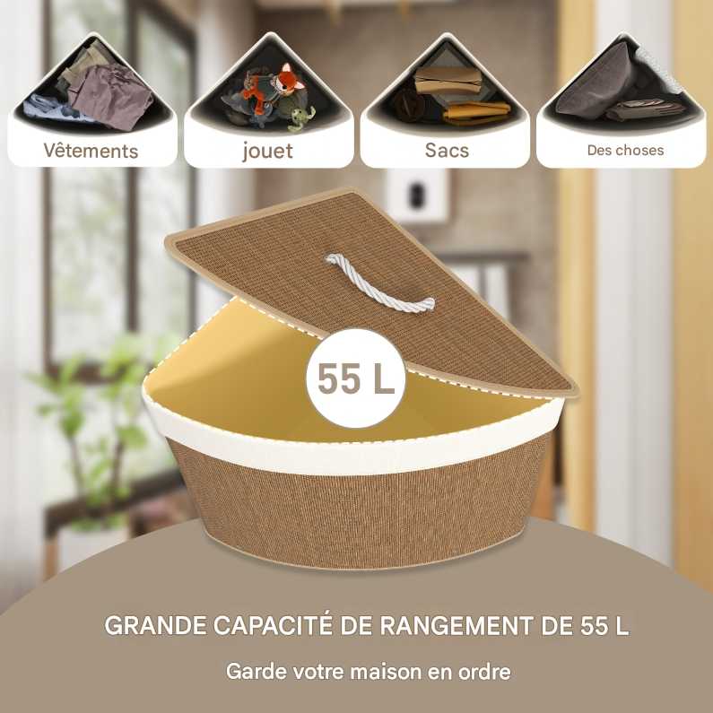 Panier à linge d'angle HOMCOM en bambou avec couvercle, 55 L, avec sac à linge amovible, idéal pour la salle de bain, marron - 8