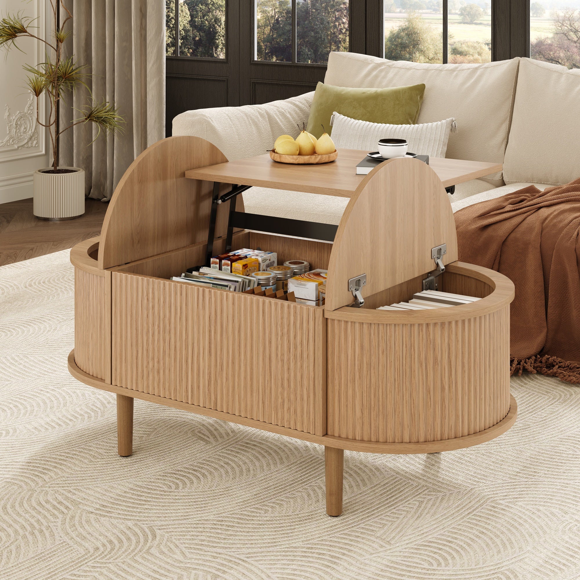 Table basse relevable multifonction 100x48x53,5cm avec rangement, style vintage multifonction pour salon, pieds en bois massif,couleur bois naturel - 5