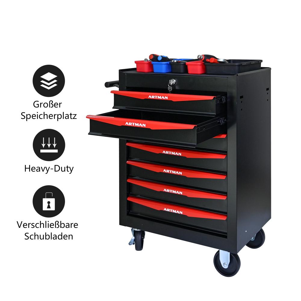 Caja de Herramientas Móvil de Metal 7 Cajones con Ruedas, Organizador de Acero Negro y Rojo con Cerradura y Guías de Bolas - 2
