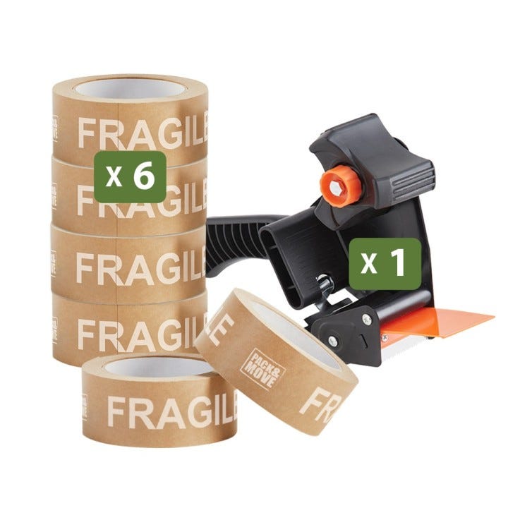 Pack And Move - Confezione Da 6 Rotoli Nastro Adesivo Kraft "Fragile" Per Imballaggio E Trasloco - 50 M - 1 Dispenser Incluso - Qualità Premium | Leroy Merlin