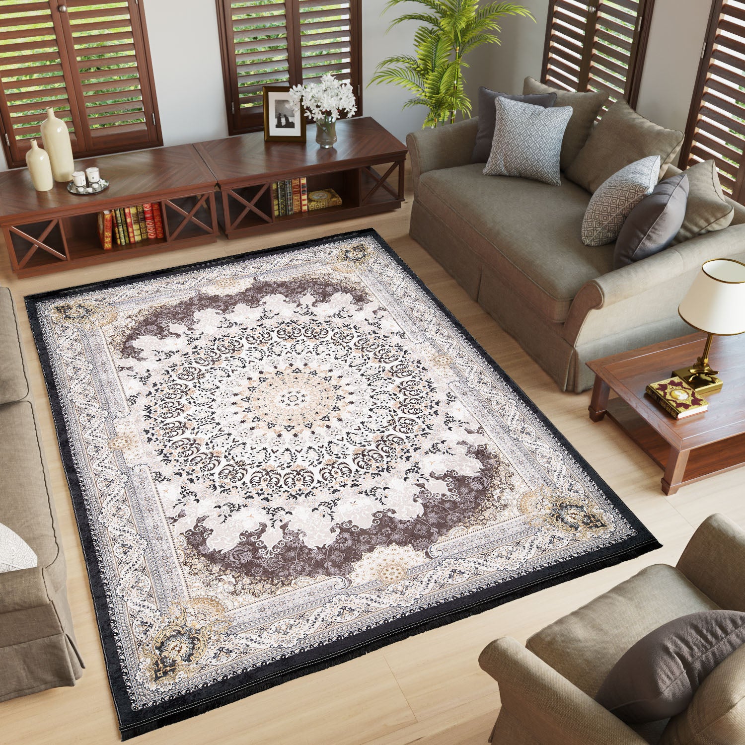 Tapiso victoria alfombra antideslizante de salón vintage crema gris negro beige alfombra con flecos impreso sin pelo 120 x 170 cm