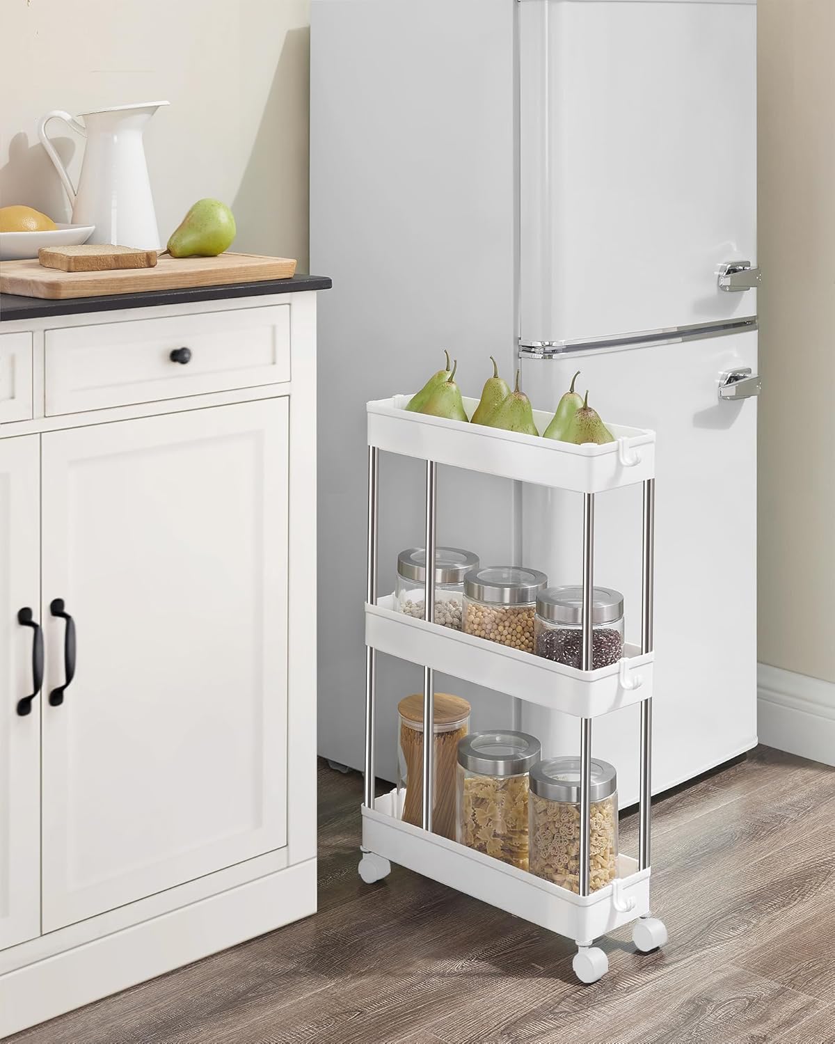 Carrello Cucina Salvaspazio Carrello Da Cucina BAKAJI - 3 Cesti, 3 Ripiani, 2 Cassetti, Con Ruote, Bianco E Legno Mobiletto Cucina Bianco