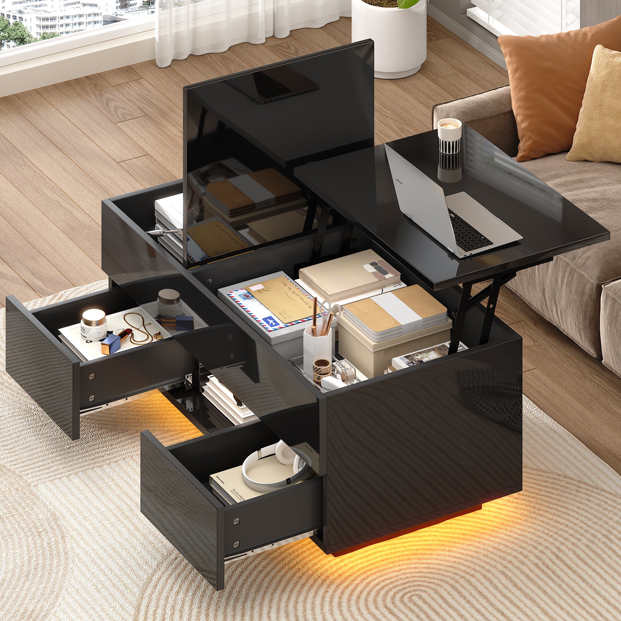 Stolik kawowy z podnoszonym blatem 100 x 45 x 43 cm - Z 2 szufladami i oświetleniem LED - Wykończenie na wysoki połysk - Płyta wiórowa - Czarny