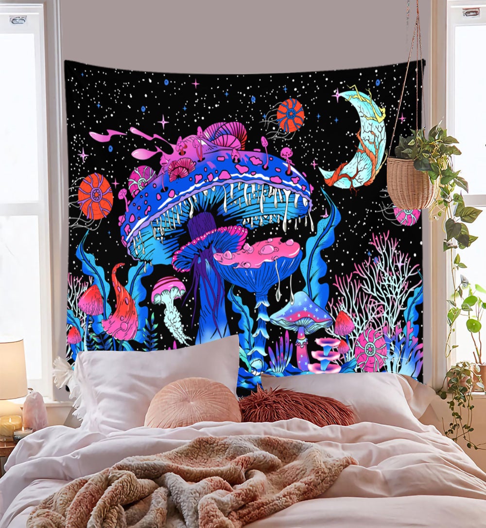 Gobelin z czarnymi grzybami, gobelin z fantazyjnym księżycem roślinnym, gobelin ścienny reaktywny UV, 150x240 CM