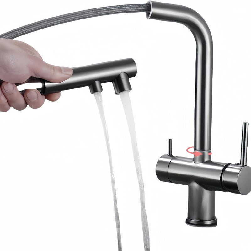 Trójdrożna bateria kuchenna z wyciąganą wylewką, obrotowa 360° bateria kuchenna, kran z filtrowanym wylotem wody (szara)