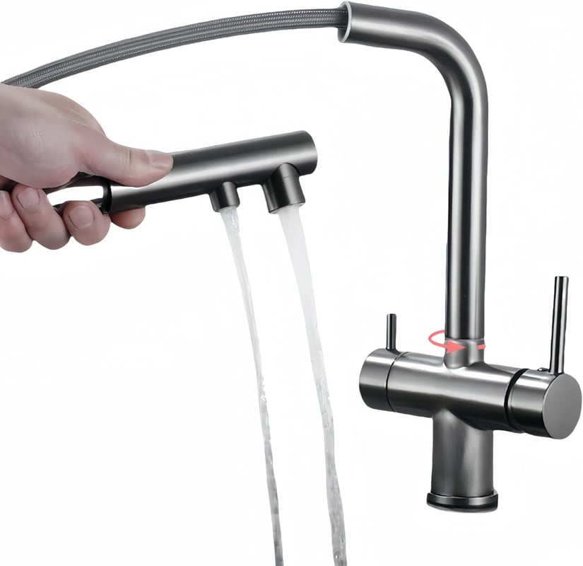 Trójdrożna bateria kuchenna z wyciąganą wylewką, obrotowa 360° bateria kuchenna, kran z filtrowanym wylotem wody (szara)