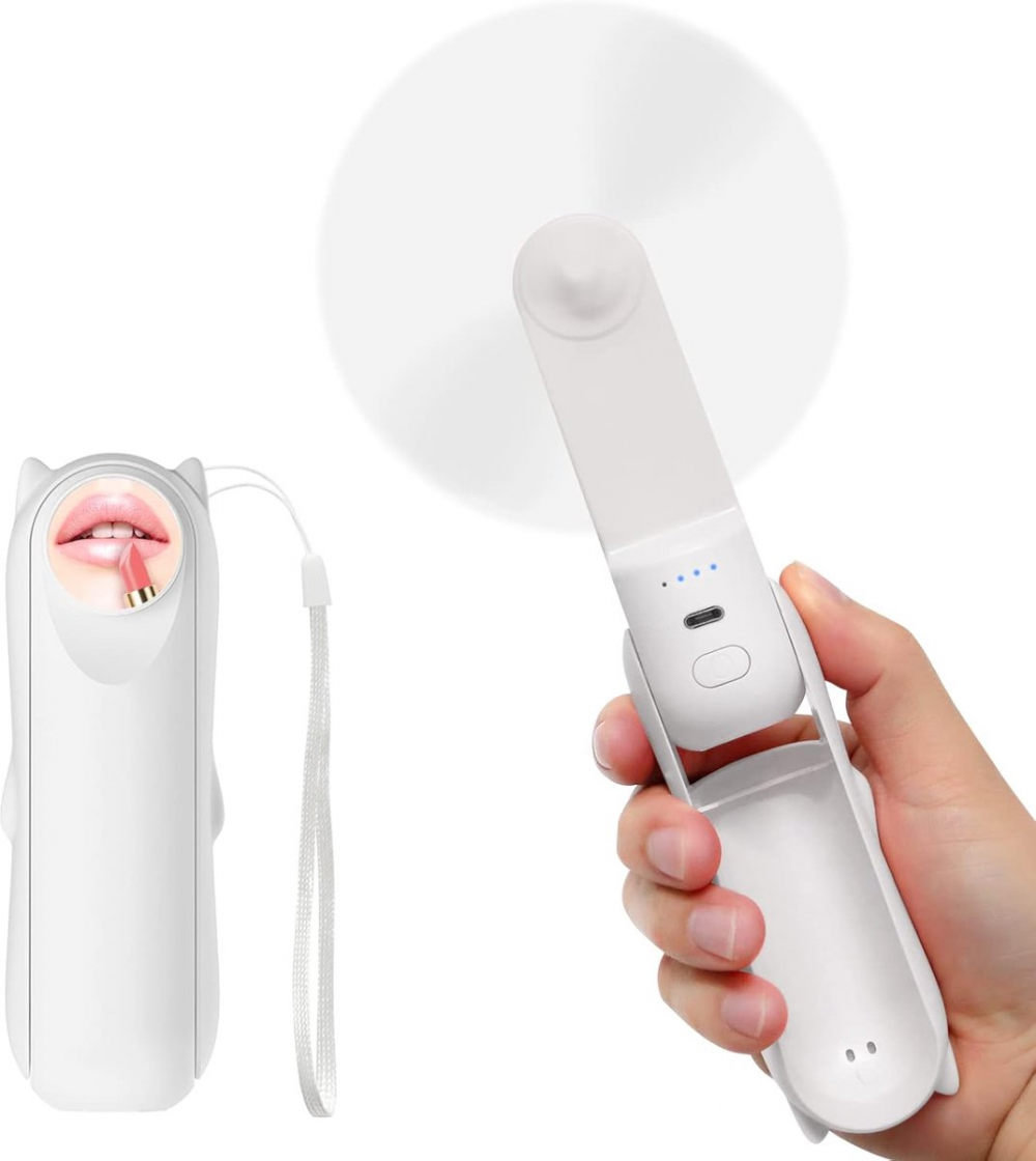 Miniaturowy wentylator ręczny – mały składany wentylator ręczny – ładowany przez USB – z małym lusterkiem – do biura, domu, na zewnątrz – biały