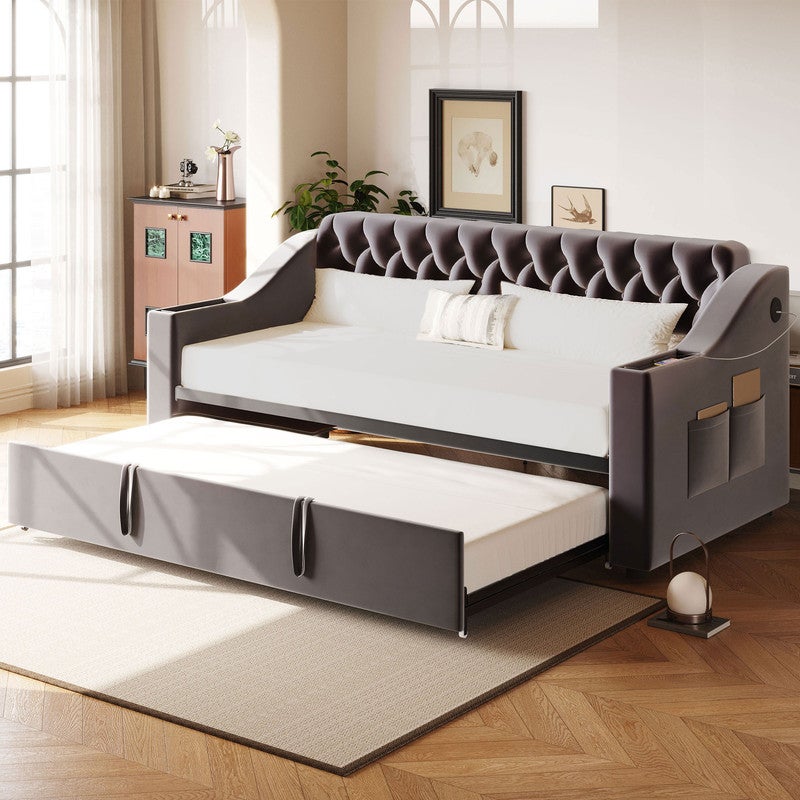 Sofa rozkładana tapicerowana 90x190 cm - z portem USB - z torbą do przechowywania - tkanina aksamitna - ciemnoszara