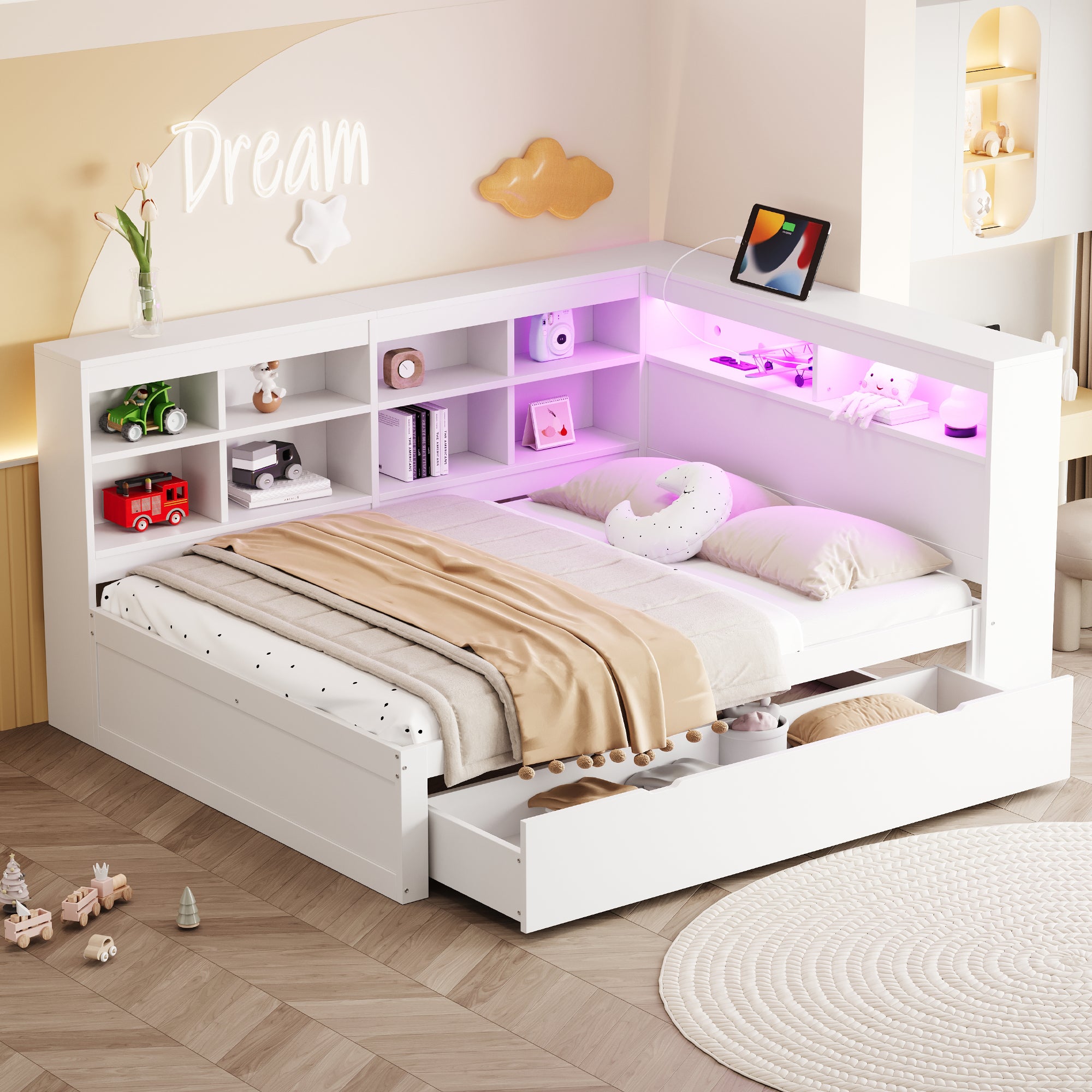 Łóżko podwójne 140x200 cm z podsprężyną - Szuflady do przechowywania - USB i LED - Drewno masywne - Projekt wielofunkcyjny