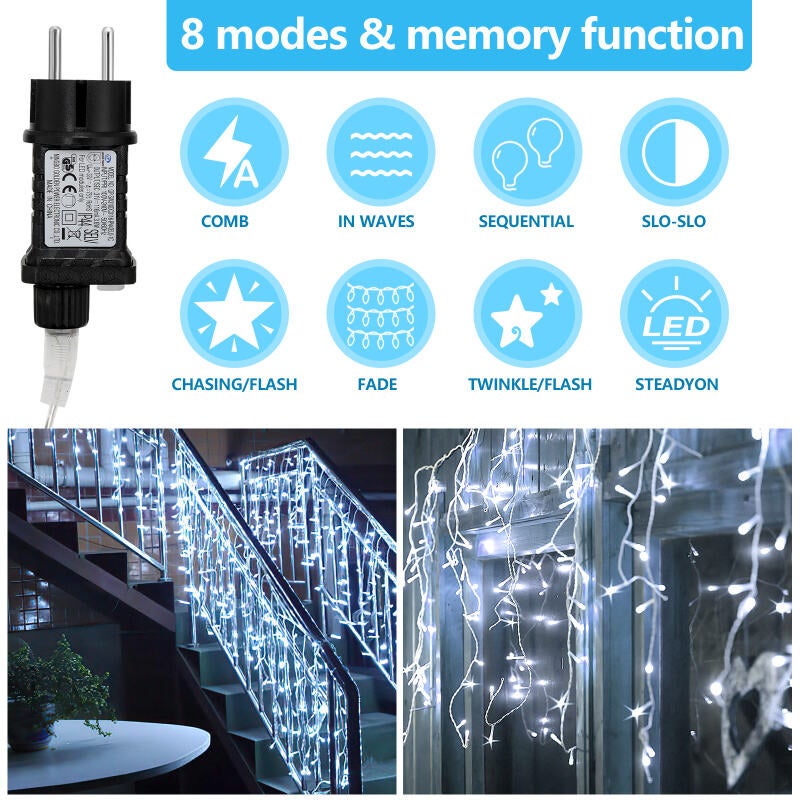 10M 200LEDs Guirlande lumineuse en stalactites Blanc froid,, IP44 étanche, Décoration de Noël, Fête, Balcon, Jardin - 3