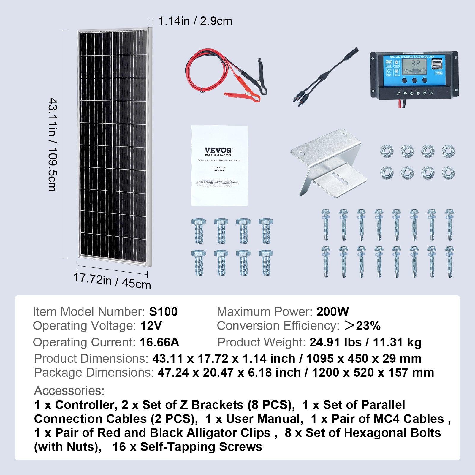 Kit Panneau Solaire Monocristallin VEVOR 200 W Panneaux Solaires 2PCS + Contrôleur Charge Module PV Monocristallin Haute Efficacité 23 % Étanche IP68 - 7