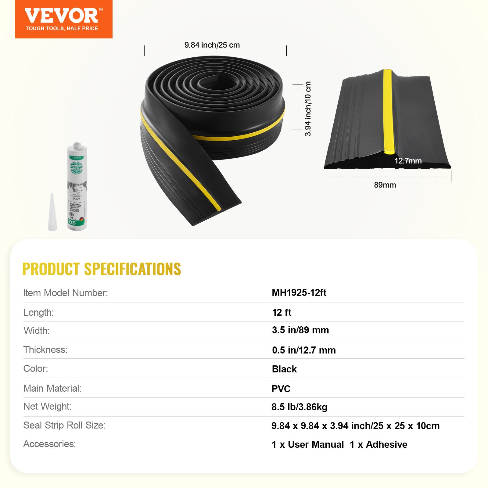 Joint de porte de garage,VEVOR 3,6 m,seuil universel résistant aux intempéries,avec adhésif,coupe-froid en PVC épais,noir - 7