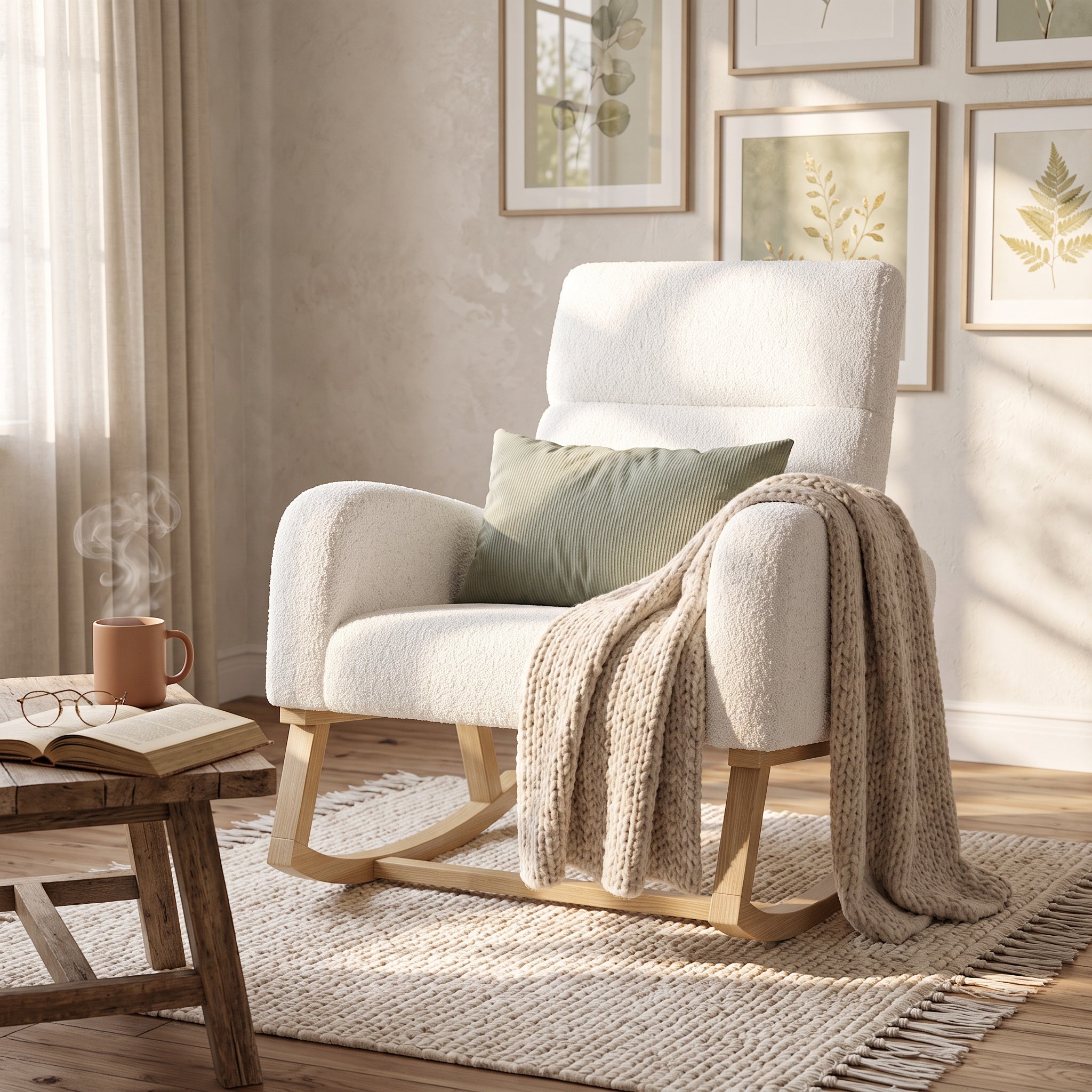 Fauteuil a Bascule, Chaise a Bascule Allaitement avec Poches Latérales et Base en Bois, Fauteuil Rocking Chair interieur extérieur pour Chambre, Blanc - 4
