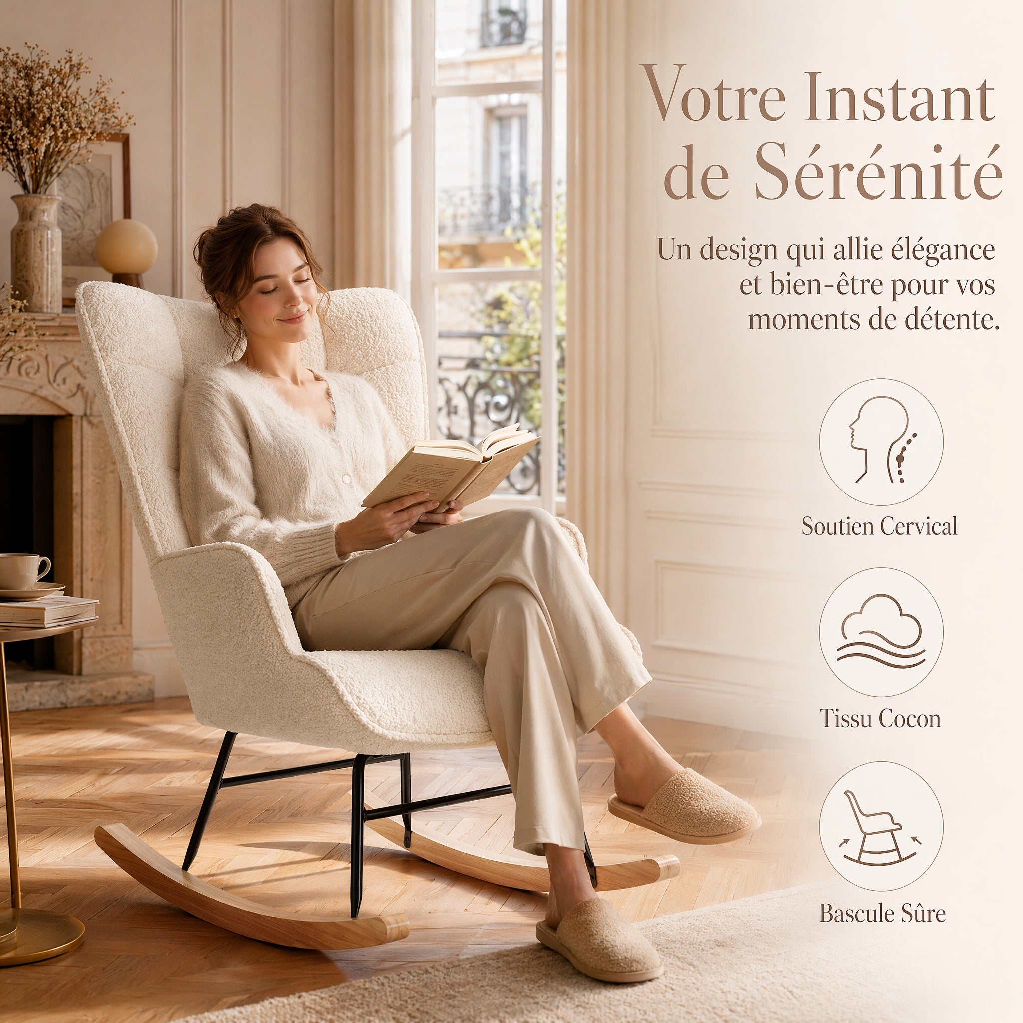 Fauteuil à Bascule Rocking Chair 68x75x92cm – Fauteuil Allaitant Rembourré avec Dossier Haut Capitomné et Accoudoirs – Peluche - Beige&nbsp; - 3