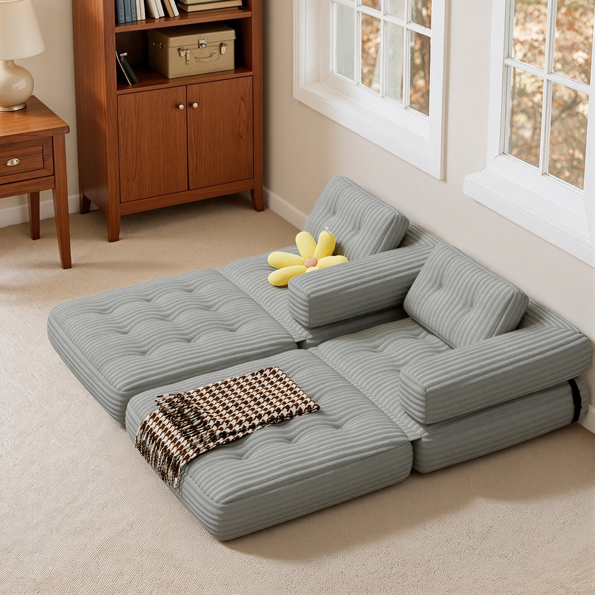 Bealife Sofá Conversível Poltrona-Cama de 1 Lugar em L Cinza Claro Veludo Cotelado Travesseiro Longo 85 x 85 cm - 7