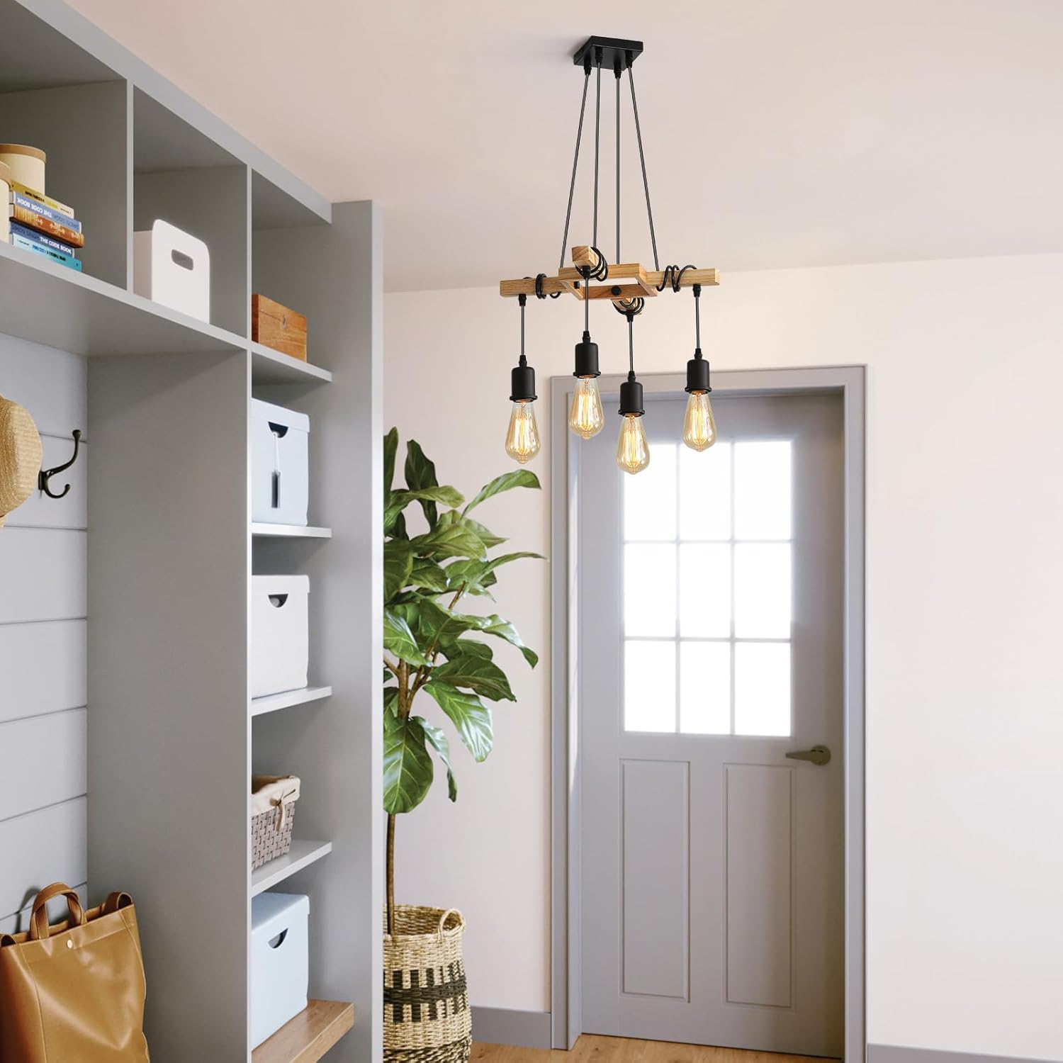 COMELY Suspension Industrielle Bois et Noir 4 Lumières E27, Lustre Vintage Réglable en Hauteur pour Salon Salle à Manger Cuisine - 5