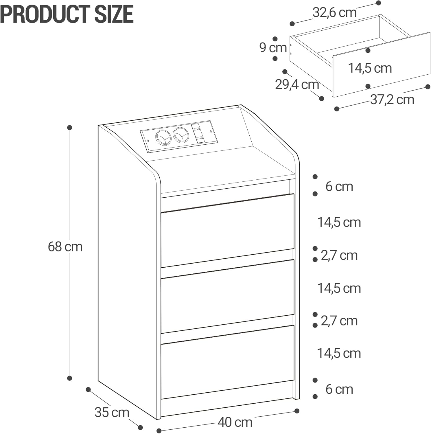 Stolik nocny z 3 szufladami, stolik boczny ze stacją ładującą i diodą LED, 2 porty AC i 2 porty USB do sypialni, salonu, Czarny - 8