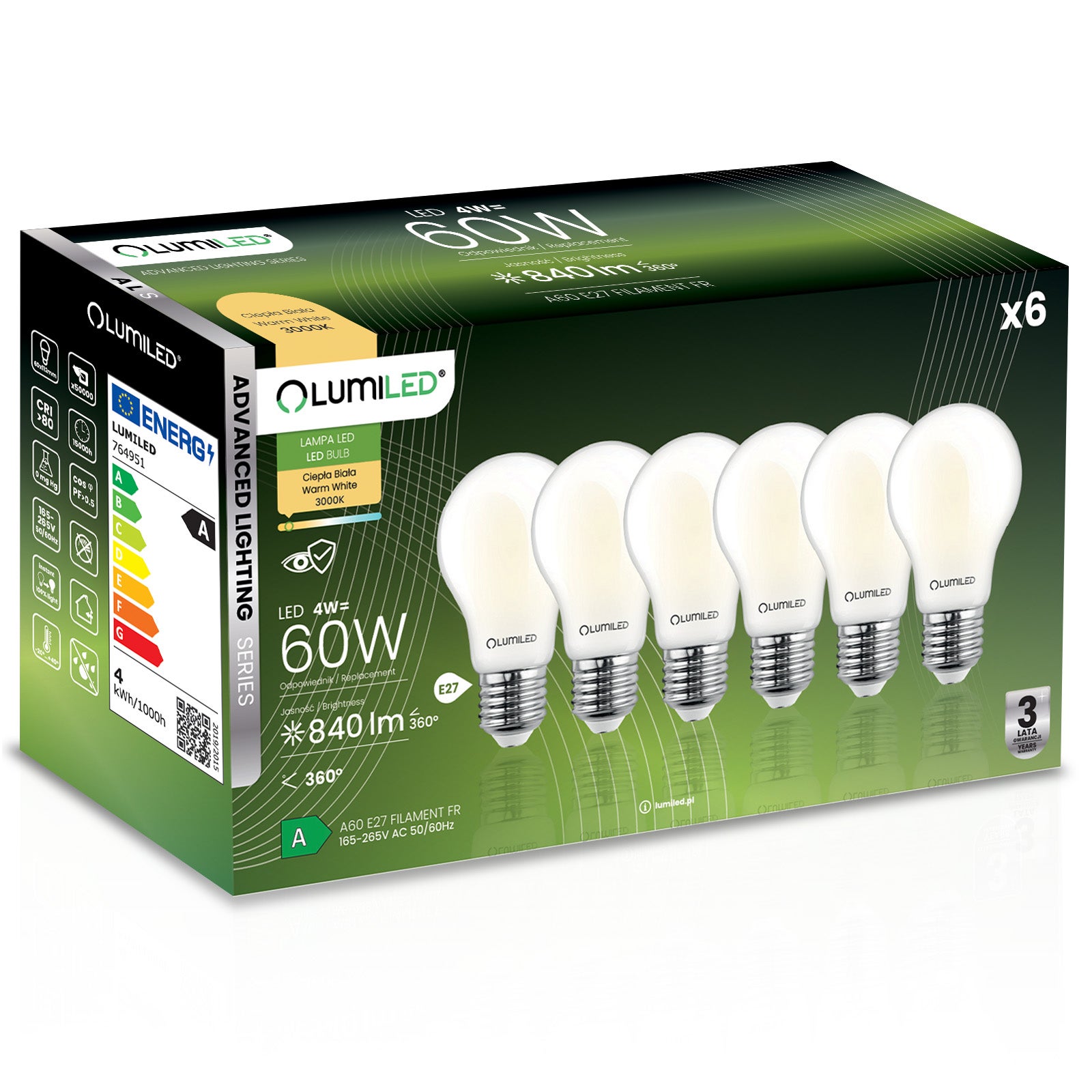 Żarówka LED Lumiled E27 A60 4W 840lm 3000K Ciepła biel 360st Filament 6 szt.