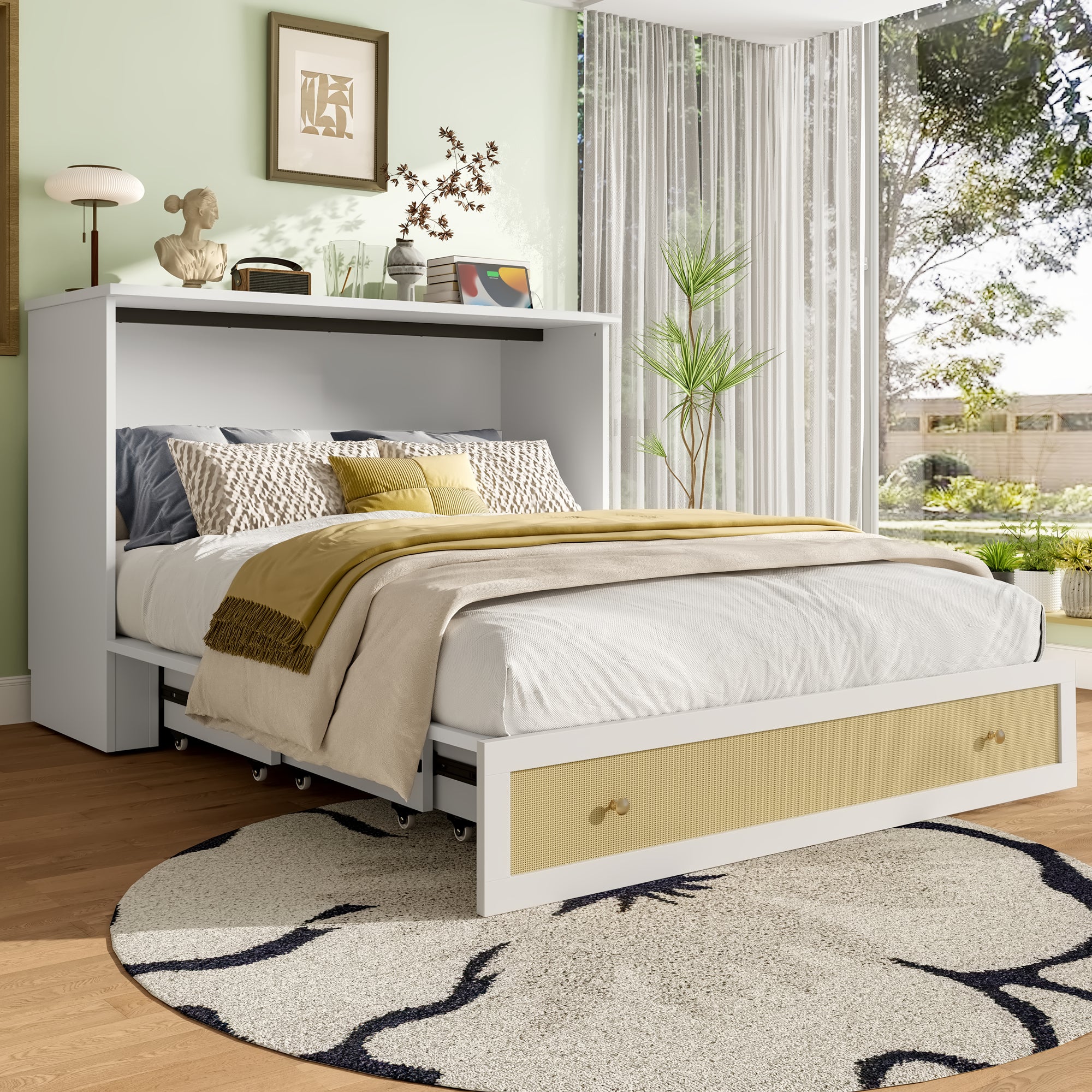 Lit escamotable, 140 x 200, Lit escamotable mobile avec tiroirs en bout de lit et étagère en tête de lit, avec prise USB et prise de courant, Lit plat - 6