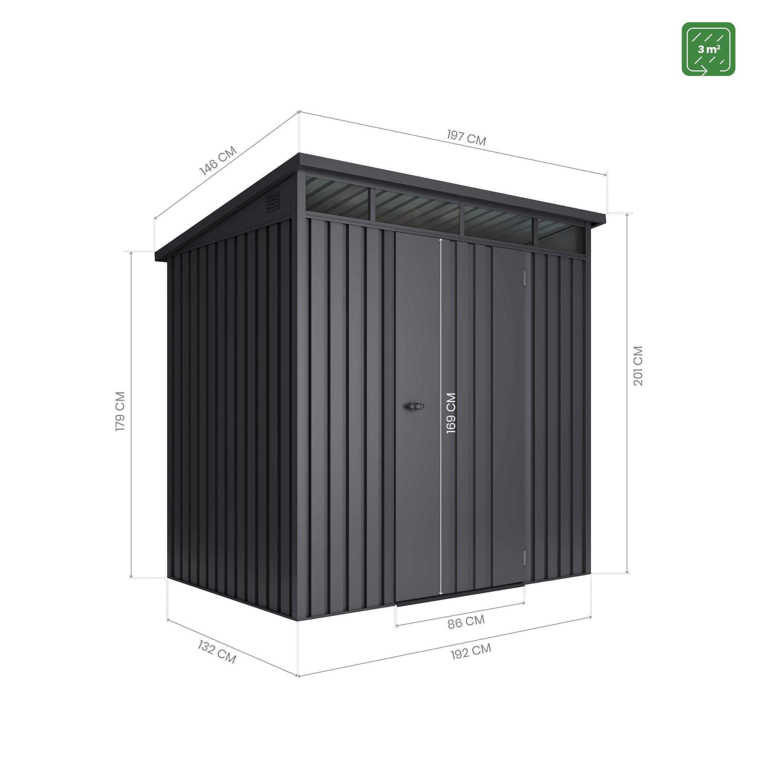 Abri de jardin en métal 3m2 avec fenêtre coulissante - Ep. 0,40mm résistant - Clé de porte incluse - 197x146x201cm – Anthracite - Cabane extérieure - 6