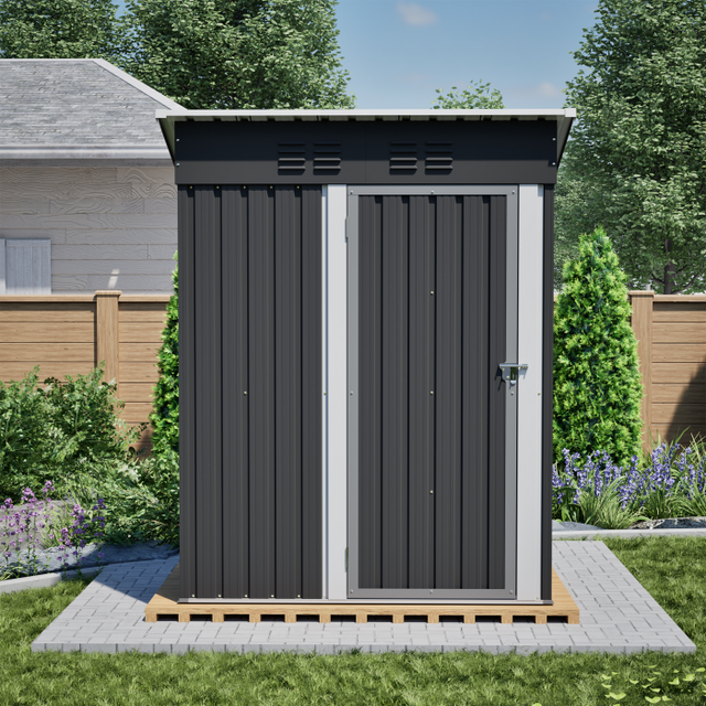 Abri de jardin toit plat, porte métallique verrouillable, 152×84×182cm, Noir