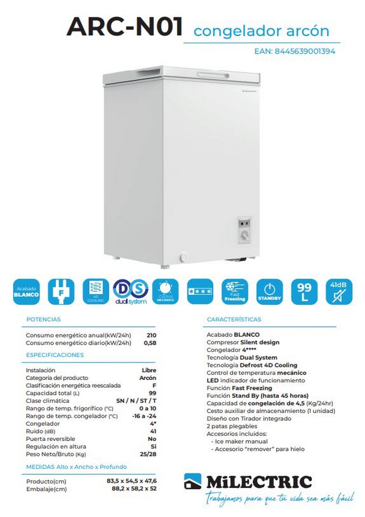 Congelador horizontal Milectric ARC-N01 - 99 litros, A+/F, ✱✱✱✱ - 9