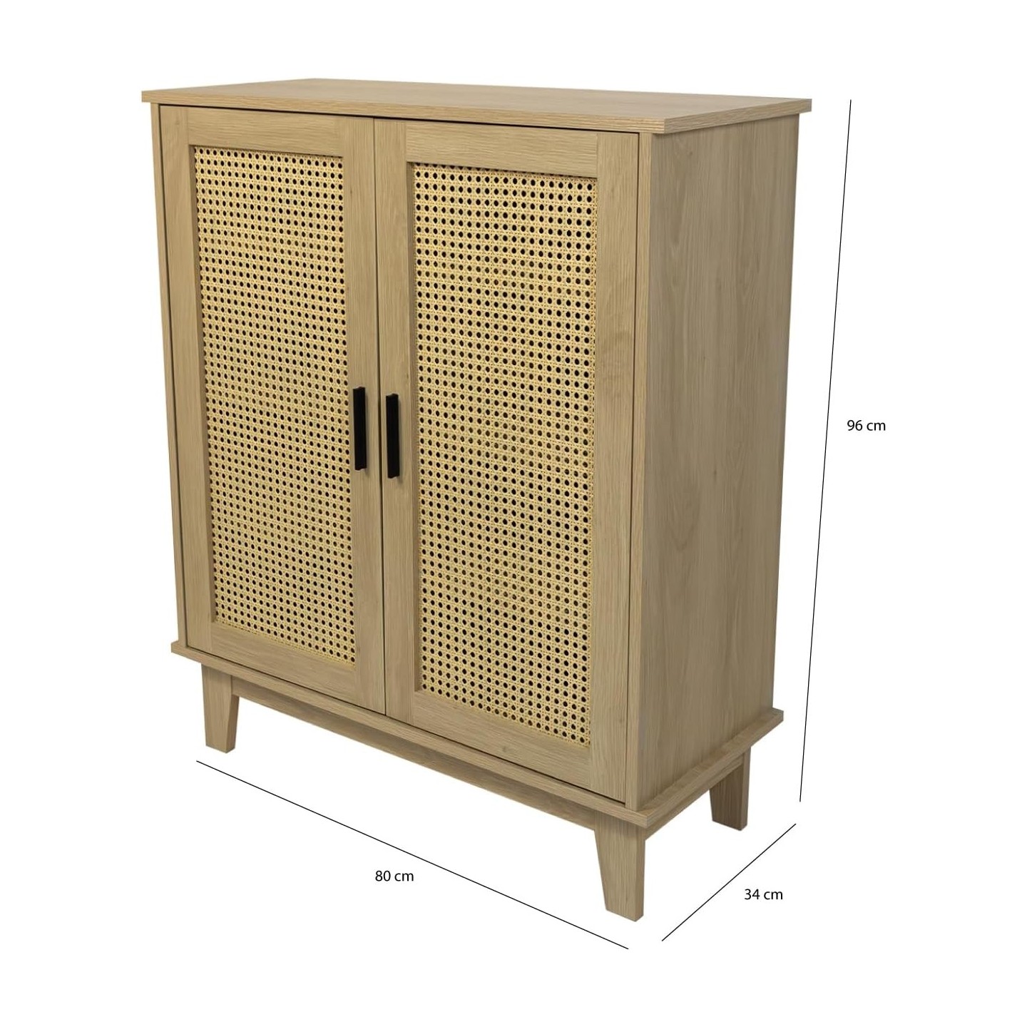 Cómoda de 2 portas com 3 prateleiras, vime de madeira natural 80 x 34 x 96 cm - 2
