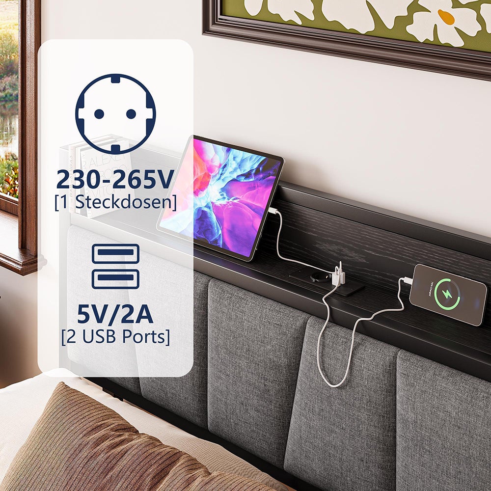 Łóżko dla dorosłych z inteligentnym oświetleniem LED i portami USB, metalowa konstrukcja, czarne - 140 x 190 cm - 6