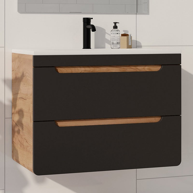 Szafka łazienkowa wisząca z umywalką wpuszczaną w blat - 80 cm - Naturalny jasny i antracytowy - ARUBA