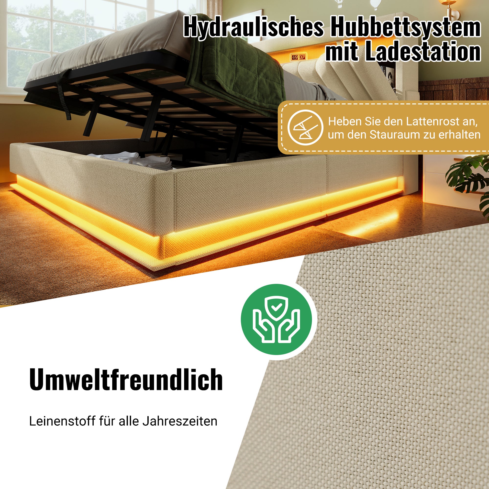 Lit coffre 160 x 200 avec tête de lit de rangement - Charge USB & Type-C et LEDs - Tissu en lin - Beige (sans matelas) - 3