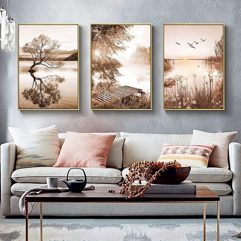 Póster moderno de decoración del hogar en beige de 40 x 60 cm, diseño de paisaje con plantas de caña, pintura decorativa para dormitorio, sala de esta - 2