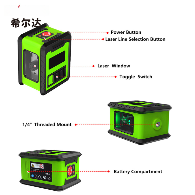 Livella laser a linee incrociate verde, 2 linee verde, autolivellante, supporto magnetico, strumento portatile per costruzione e fai da te - 3
