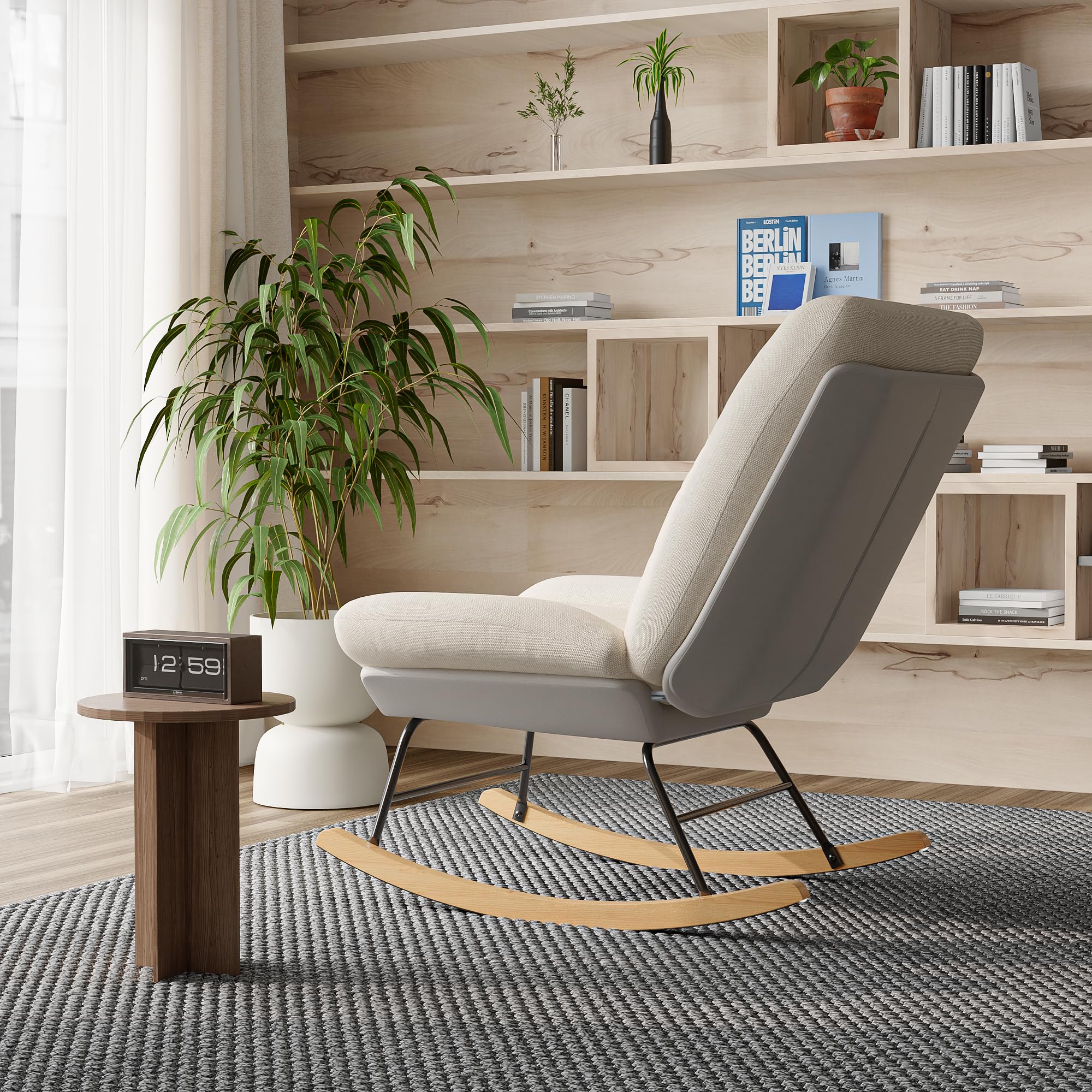 Fauteuil à Bascule, Rocking Chair, Fauteuil rembourré en Lin, avec Dossier Haut réglable, Chaise à Bascule, Chaise de Relaxation, d'allaitement - 8