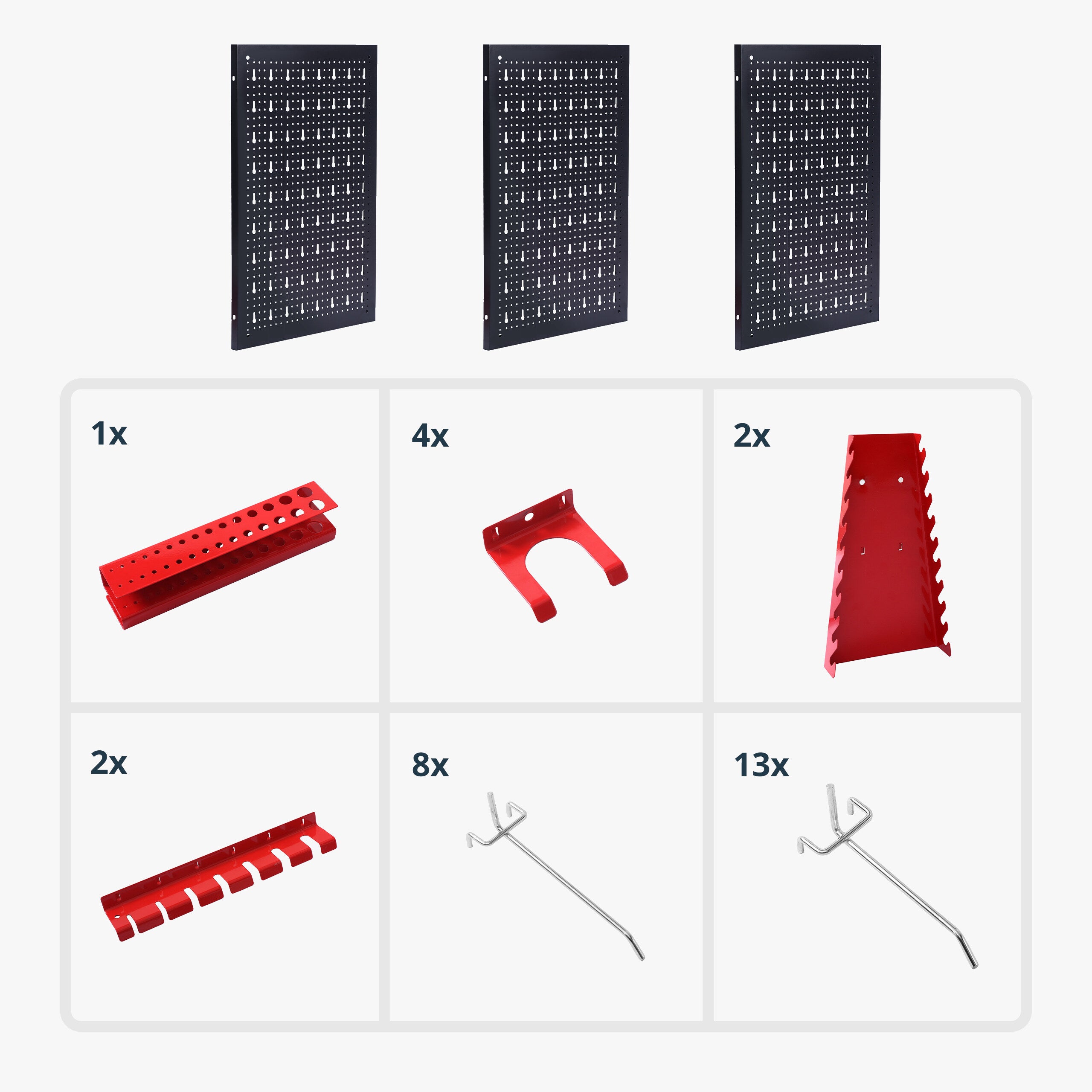 Ensemble de 3 panneaux perforés pour outils, 30 accessoires, 60 x 40 cm, métal, atelier, noir/rouge, relaxdays - 5