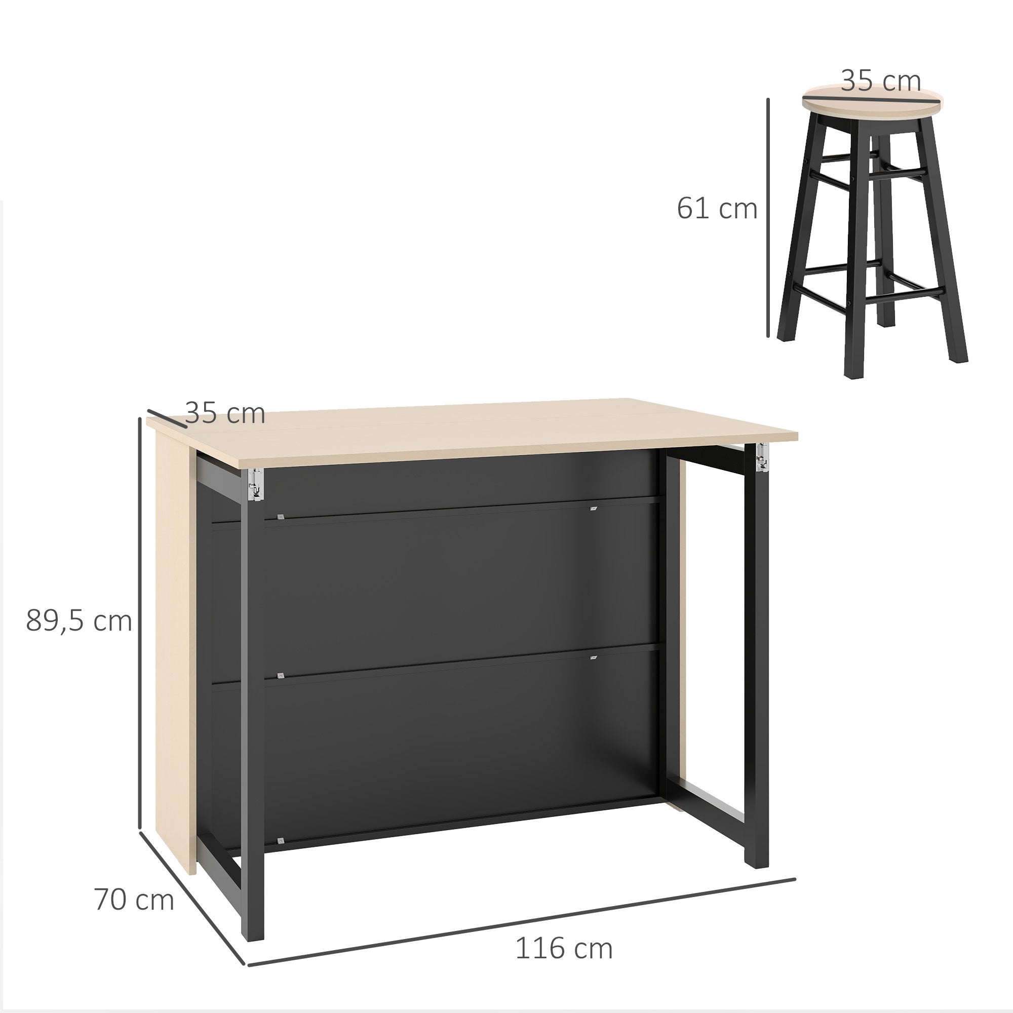 Ensemble bar 3 pièces,table de bar avec plateau rabattable,2 tabourets de bar,6 compartiments de rangement,noir et chêne,116x70x89,5cm - 4