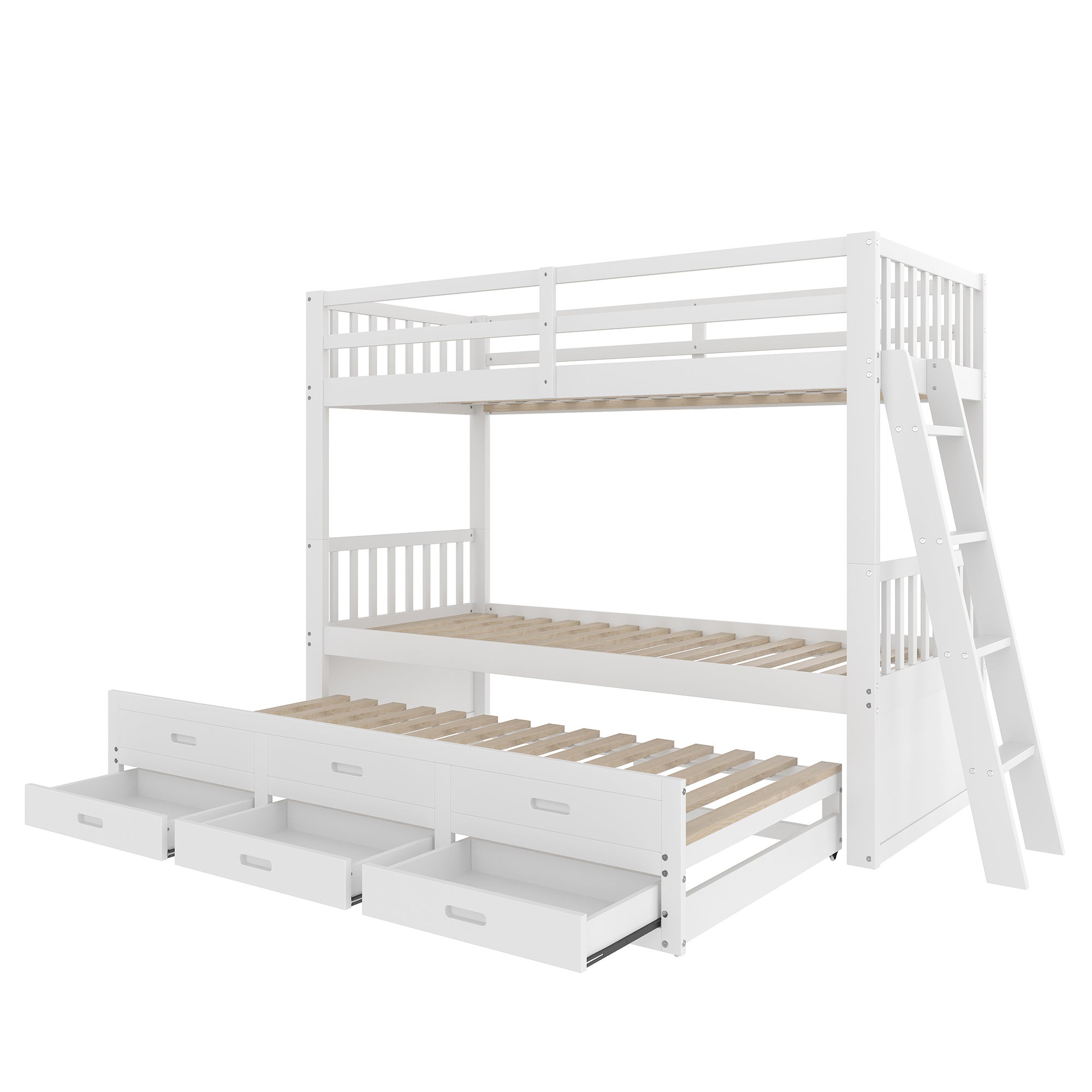 Lit superposé enfant 90x200cm avec échelle, lit gigogne et 3 tiroirs, pin + MDF, blanc, matelas non inclus - 6