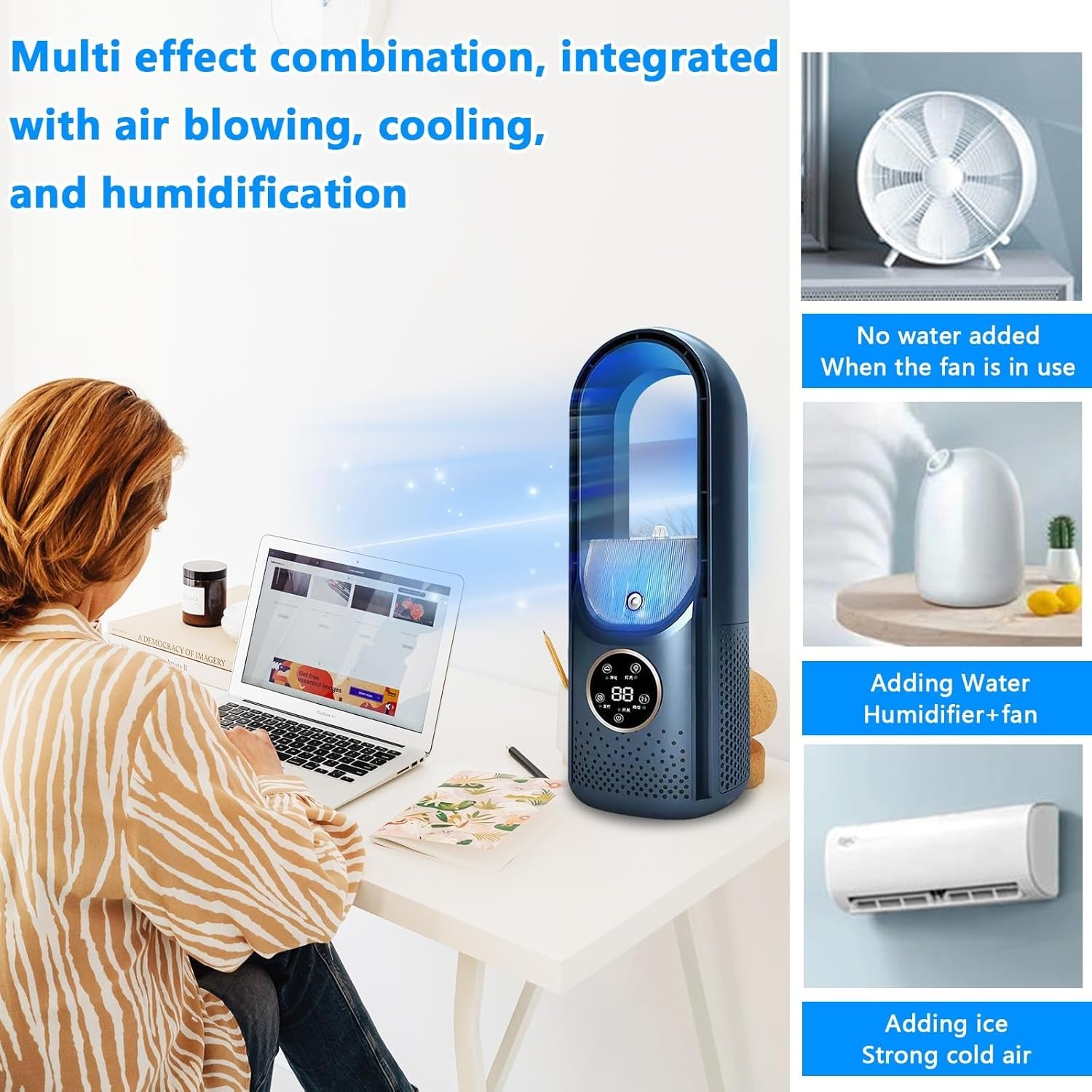 Refroidisseur d'air de chambre à coucher, Ventilateur de camping, refroidissement/humidification de l'air, trois modes, 6 vitesses de vent，blue - 4