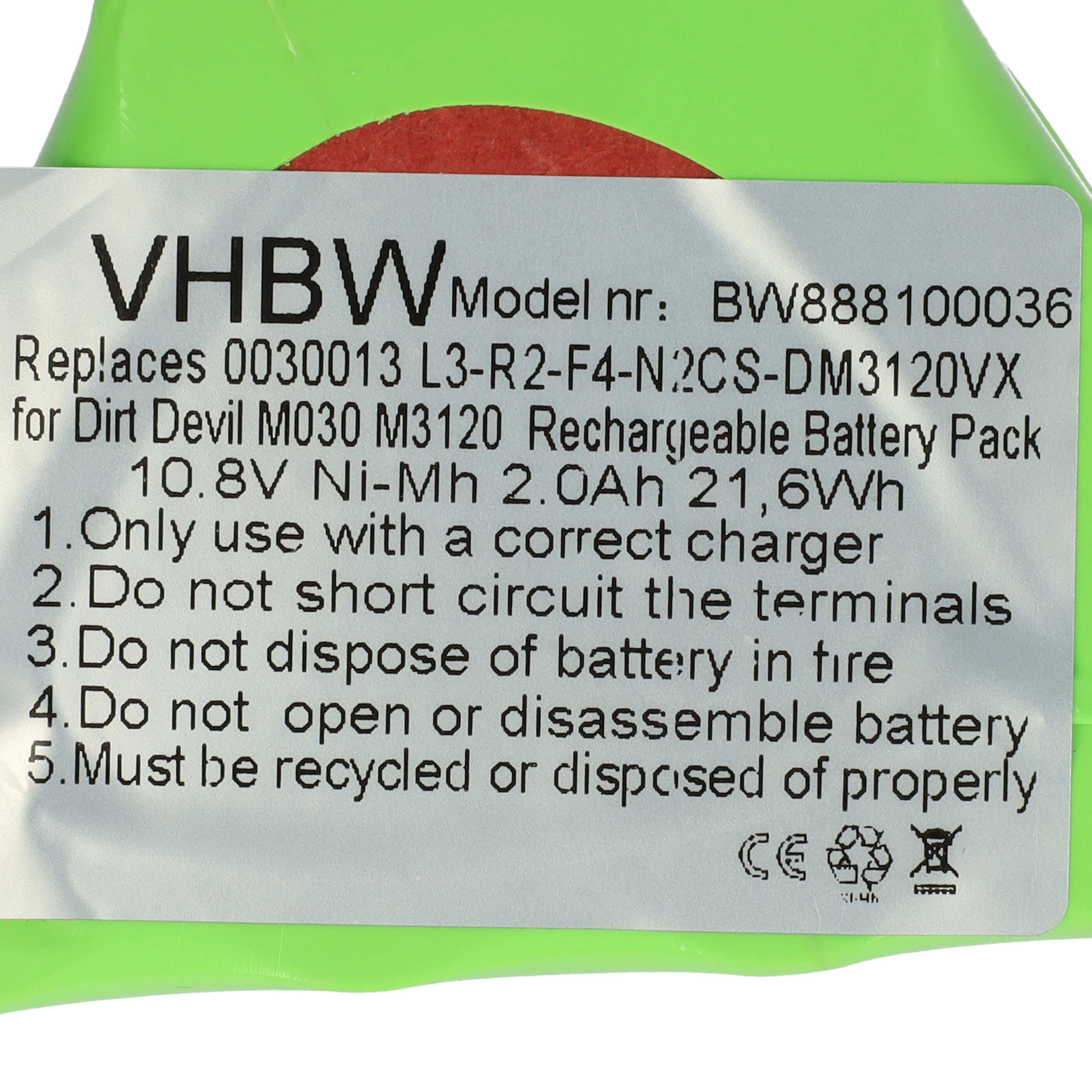 vhbw Batterie remplacement pour Dirt Devil 0030013, L3-R2-F4-N2 pour aspirateur (2000mAh, 10,8V, NiMH) - 4