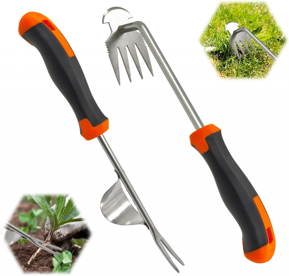 Extractor manual de buruieni din oțel inoxidabil, format din 2 piese, unealtă de grădinărit cu mâner de cauciuc pentru săpat, plivit și afanat solul
