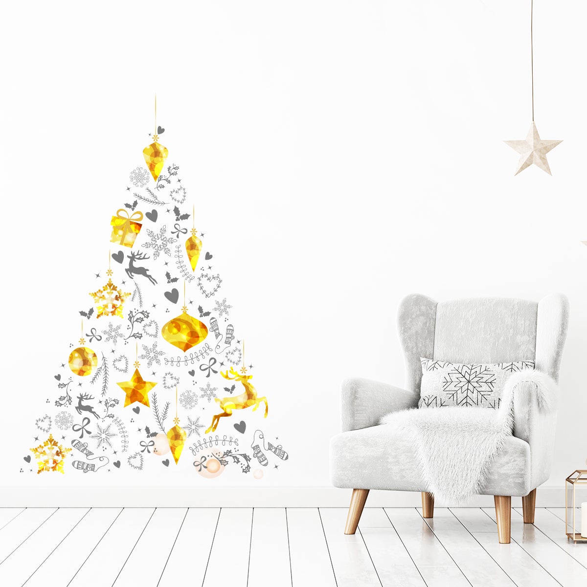 Sticker Noël sapin de noël doré et gris - Autocollants stickers adhésifs noël - décoration fêtes - 70x50cm - 5