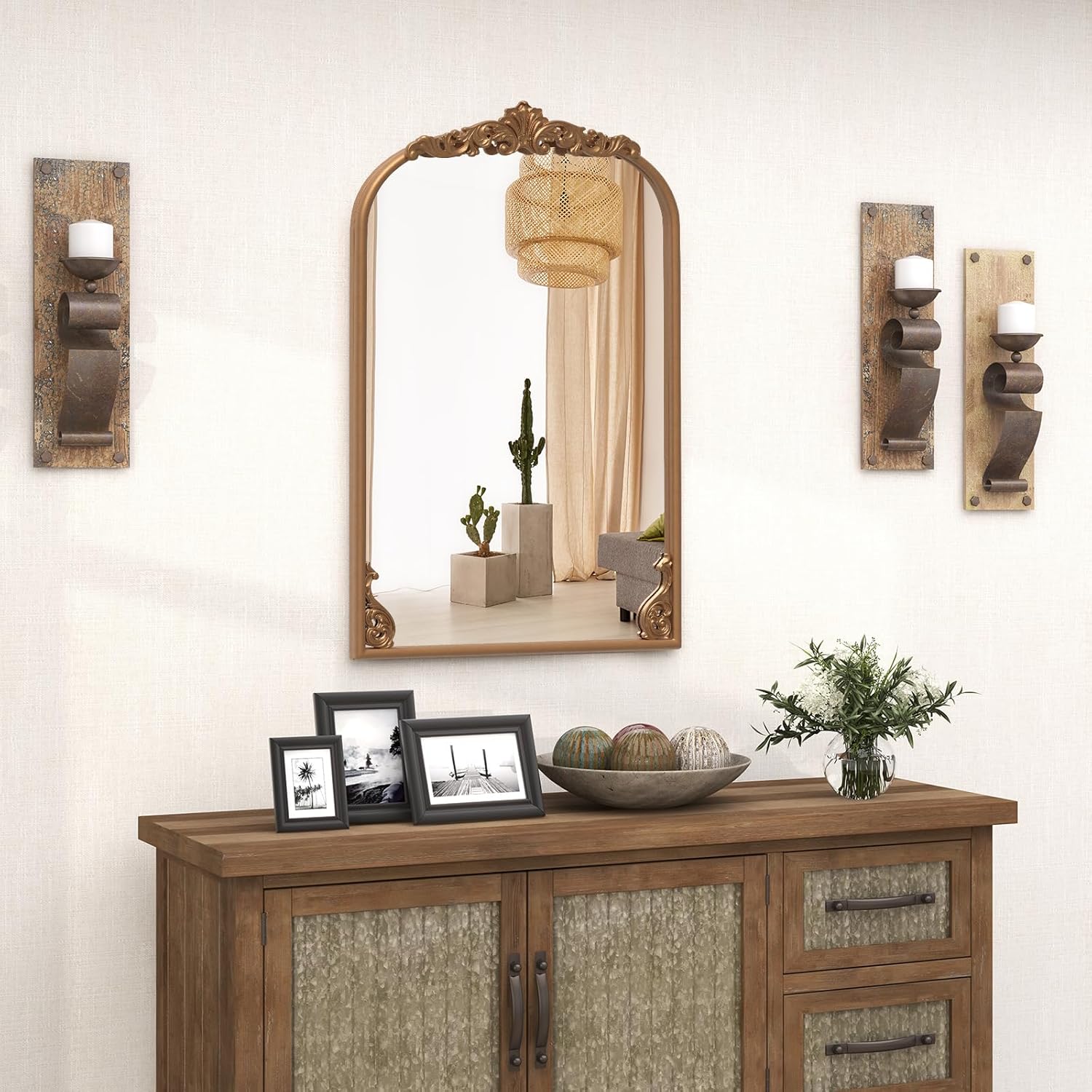Miroir Mural Doré Vintage, Miroir Arqué Décoratif avec Cadre Baroque Orné, Métal Robuste, Décoration Murale pour Entrée, Salon, Couloir (51x76 cm) - 2