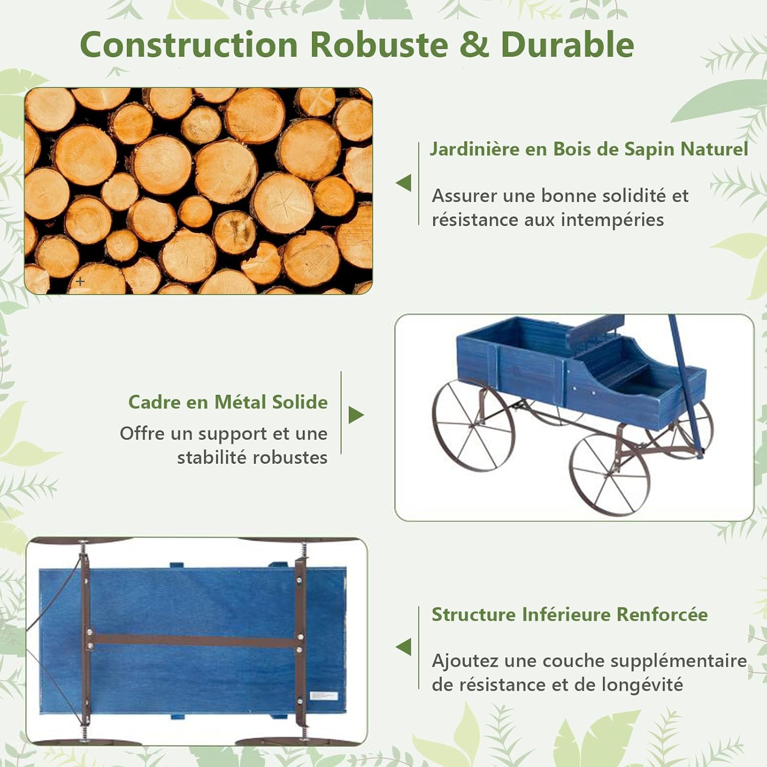 Jardinière Forme Brouette, Brouette Décorative en Bois avec 4 Roues en Métal, 2 Bac de Plantation Séparés avec Trous de Drainage, 35×62,5×60cm (Bleu) - 5