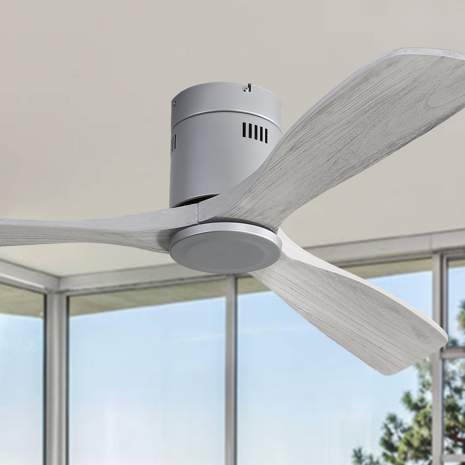 Ventilateur de Plafond 52 Pouces sans Lumière, Moteur DC Réversible à 6 Vitesses, 3 Pales en Bois Massif, Télécommande - Gris - 6