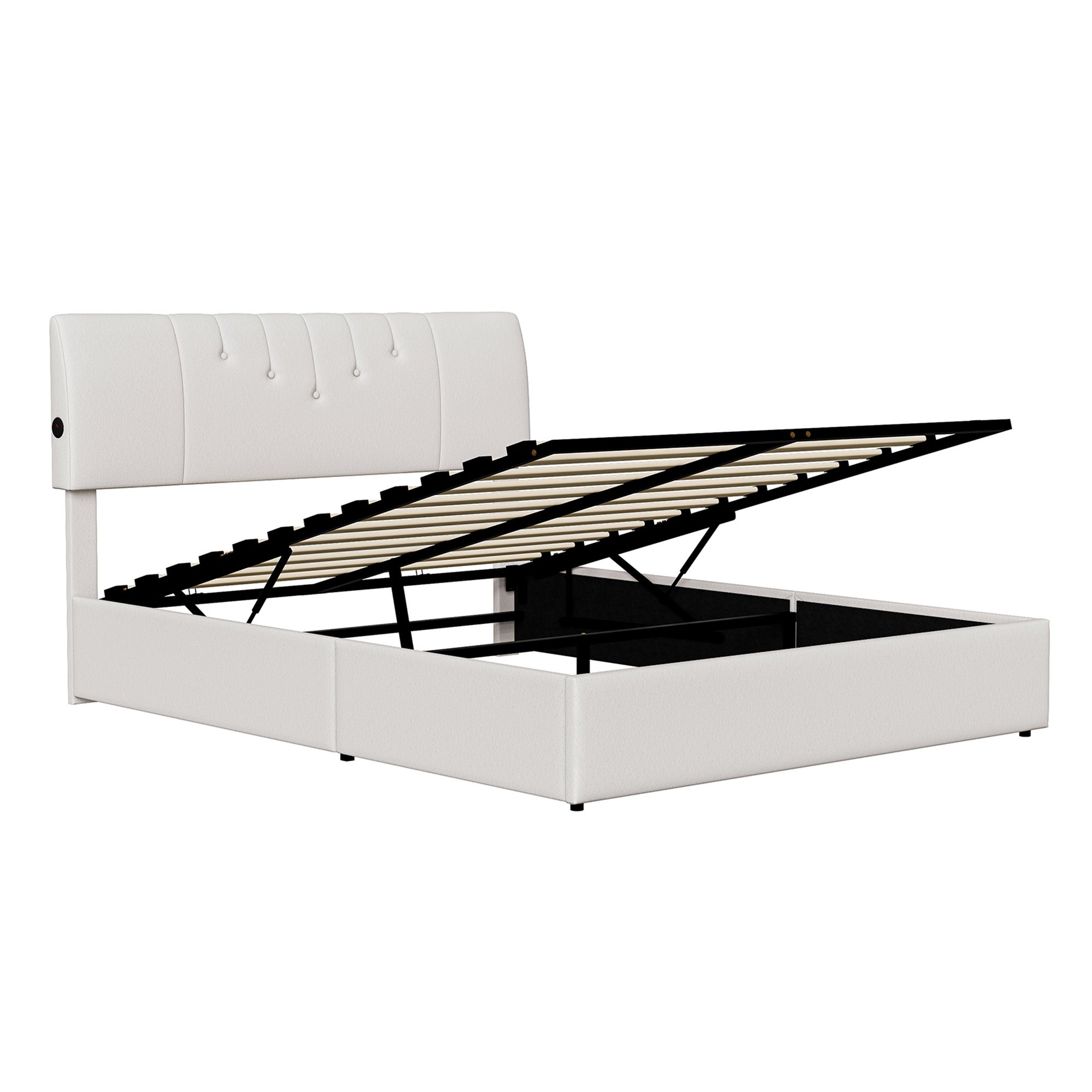 Lit 140x190 cm avec sommier à lattes, COZY, lit adulte avec USB et Type C, cadre de lit coffre, tissu en teddy velours, blanc - 7