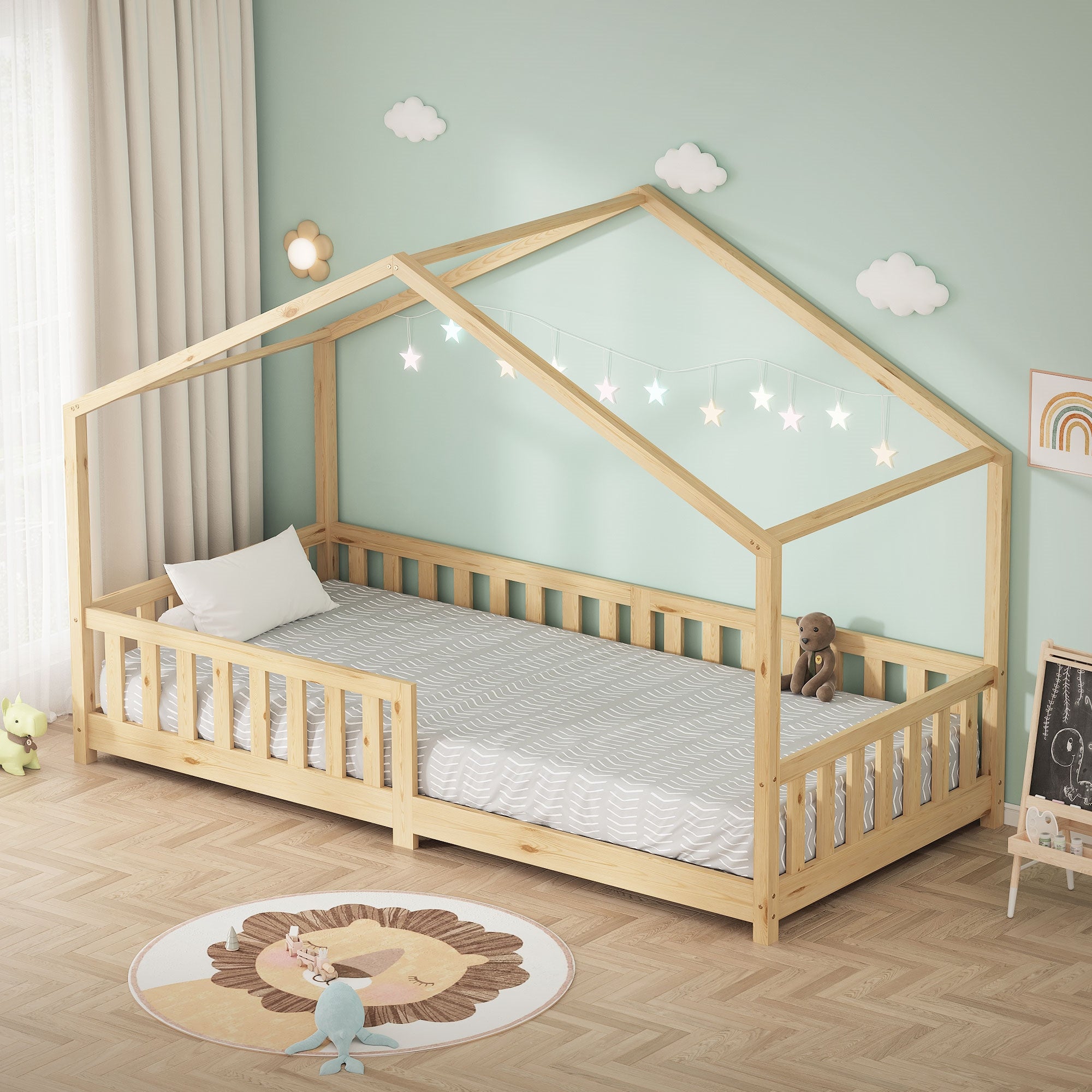 ML-Design łóżko dziecięce domek 90x200 cm drewniane naturalne z barierką i dachem Montessori łóżko do zabawy podłogowe dla dzieci i młodzieży