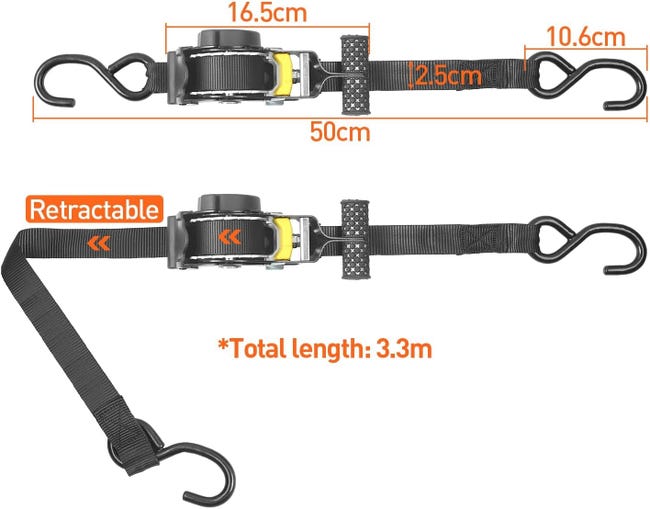Sangle A Cliquet 2 Sangles D'arrimage à Cliquet Rétractables WUSUPU – 3.3 M, 680 Kg Résistance – Crochets En S Accessoire Fixation Remorque Camion Sangle A Cliquet 2 Sangles D'arrimage à Cliquet Rétractables WUSUPU – 3.3 M, 680 Kg Résistance – Crochets En S Accessoire Fixation Remorque Camion