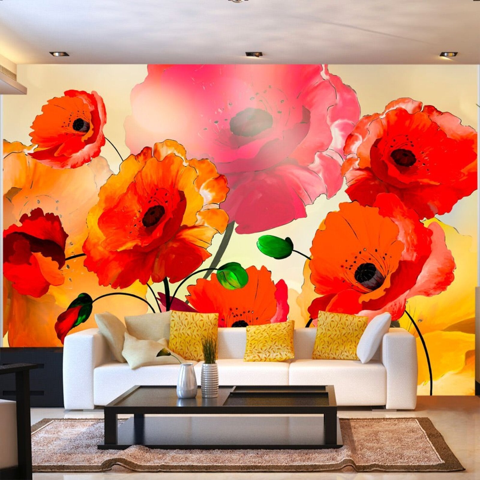 Papier Peint Non Tissé Premium Wallario - Motif Coquelicots Lumineux Rouge, Blanc, Made In Germany