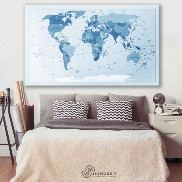 Mapa geográfico - planisferio impresión en lienzo montada en bastidor de madera 166x100 cm azul