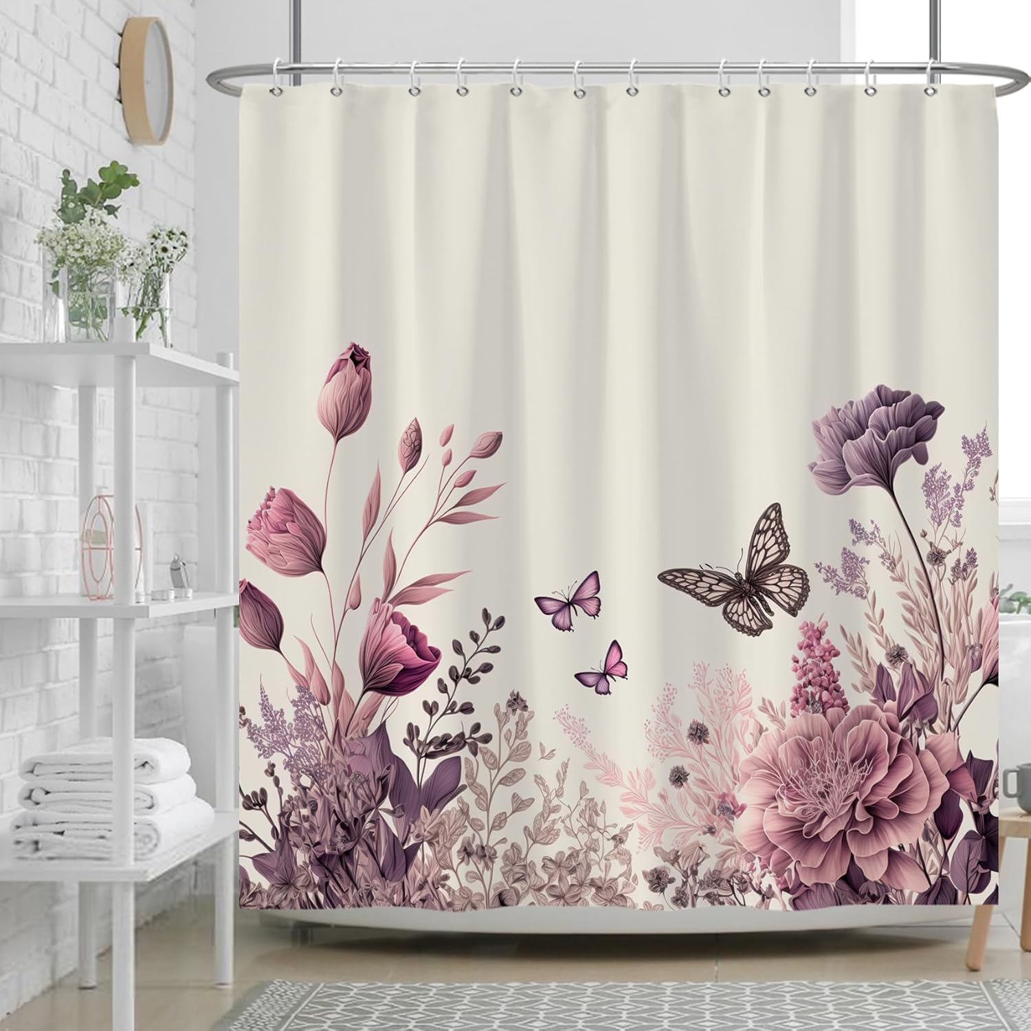180x180 cm Zasłona prysznicowa w stylu retro z motywem kwiatowym, fioletowa, motyl, zasłona do łazienki w stylu vintage, kwiaty ogrodowe, kwitnąca zas